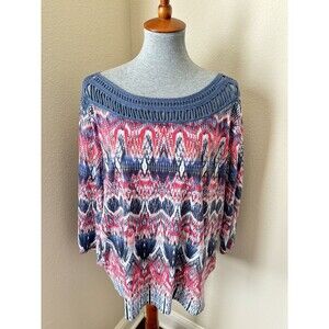 Chico's Women's Size XL/16 Paisley Print Crochet Neck 3/4 Sleeve Top